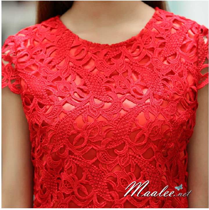 พร้อมส่ง ชุดราตรีสั้น ลูกไม้สีแดง แขนสั้น