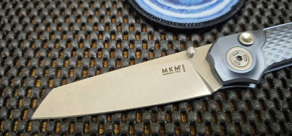 MKM Miura Button Lock Knife Blue Ti (2.72" Satin M390) MK MI-TBL