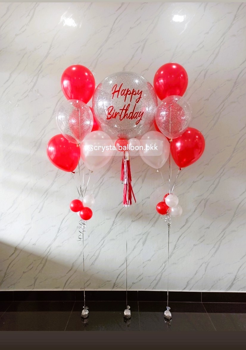 ลูกโป่ วันเกิด Bubble ขนาด 24" กลิตเตอร์สีเงิน ,ลูกโป่งช่อ 5 ลูก 2 ช่อ ,พร้อมตกแต่ง สามารถเปลี่ยนสีลูกโป่ง/เปลี่ยนข้อความได้