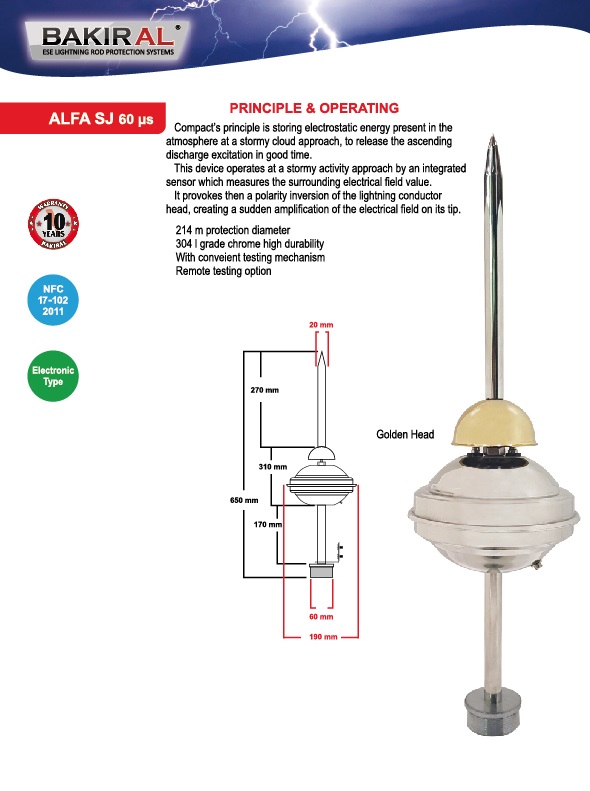 หัวล่อฟ้าชนิด Early Streamer รัศมี 97 เมตร รุ่น ALFA-S ยี่ห้อ BAKIRAL