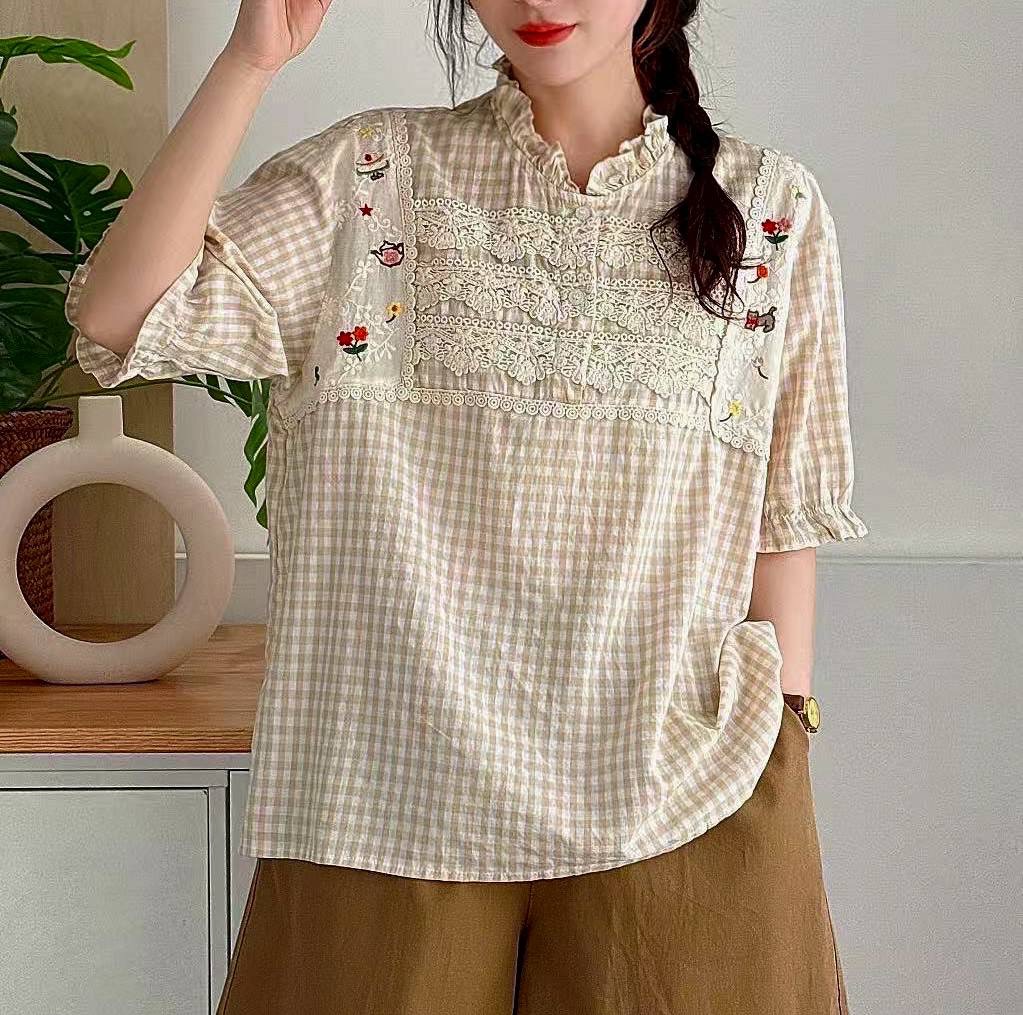 เสื้อผ้าฝ้ายลายสก็อตแต่งผ้าลูกไม้