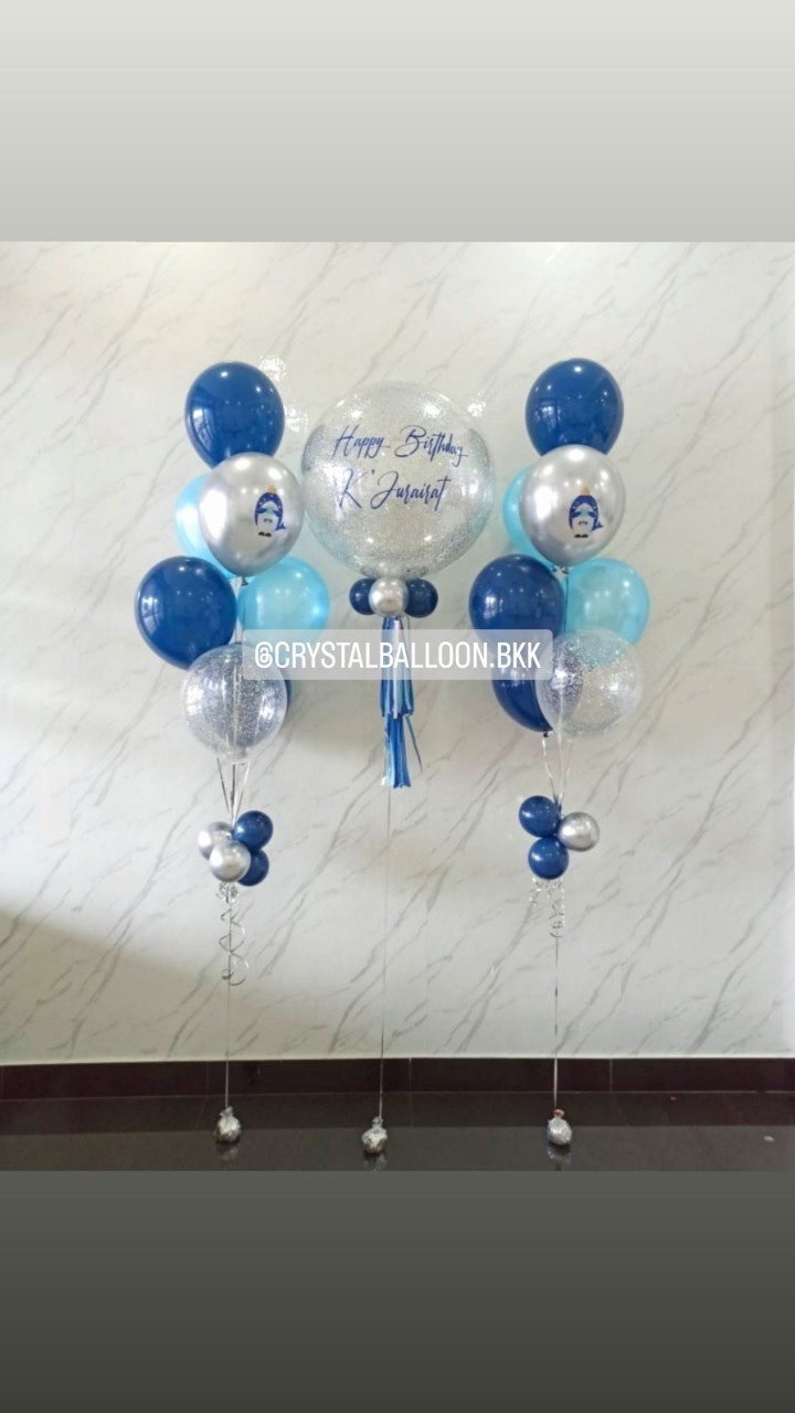 ลูกโป่ง วันเกิด Bubble ขนาด 24" กลิตเตอร์สีเงิน 1 ลูก พร้อม ช่อลูกโป่ง ช่อ 7 ลูก 2 ช่อ Theme Dark Blue-เงินโครเมี่ยม พร้อมตกแต่ง สามารถเปลี่ยนสีลูกโป่ง/เปลี่ยนข้อความ/เปลี่ยนขนาดได้