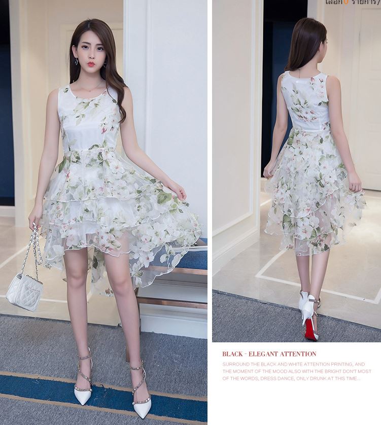 Pre-order เดรสขาว พรีเวดดิ้ง หน้าสั้นหลังยาว แขนกุด ลายดอกไม้เขียว เรียบหรู