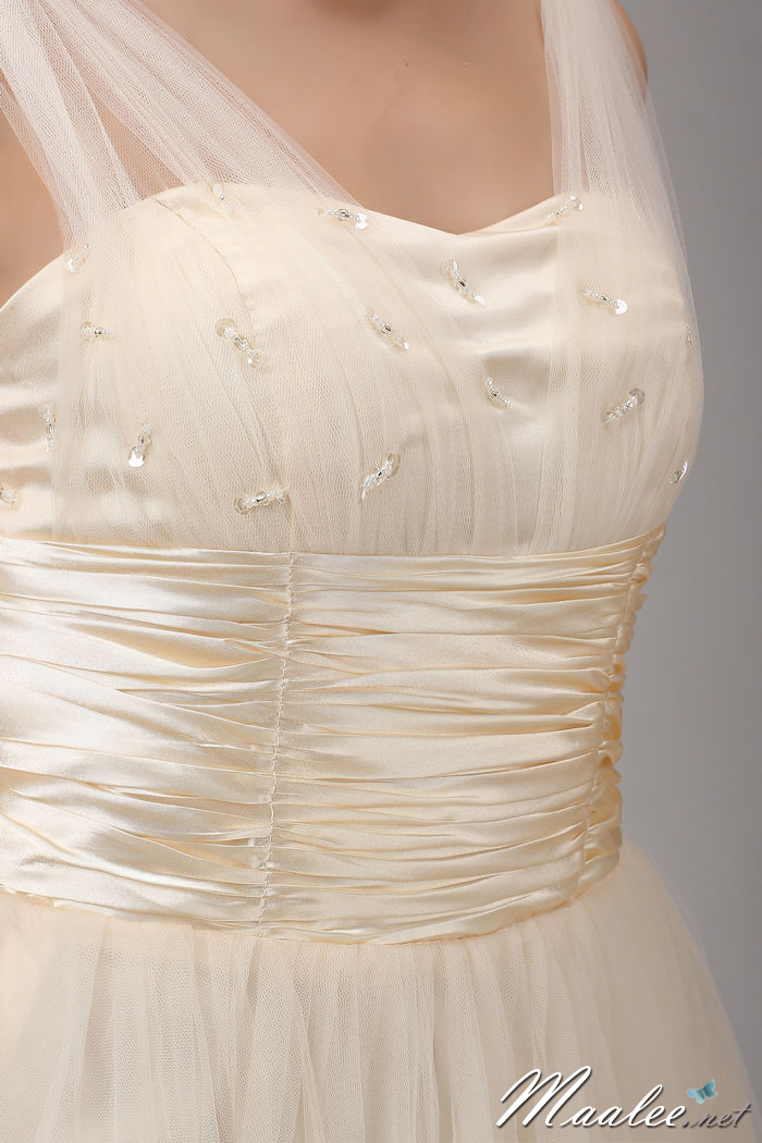 พร้อมเช่า ชุดราตรีสั้น เกาะอก สีครีม Champagne แต่งผ้าโปร่งสไตล์กรีก หน้าอกปักเลื่อม แต่งเอวผ้าซาตินจับจีบ กระโปรงสุ่มแต่งผ้าโปร่งสวย