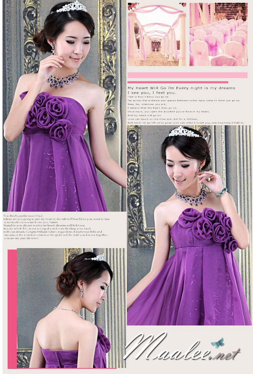 พร้อมเช่า ชุดราตรีสั้น เกาะอก หน้าสั้นหลังยาว สีม่วง แต่งดอกไม้เก๋ (ซิปหลัง)