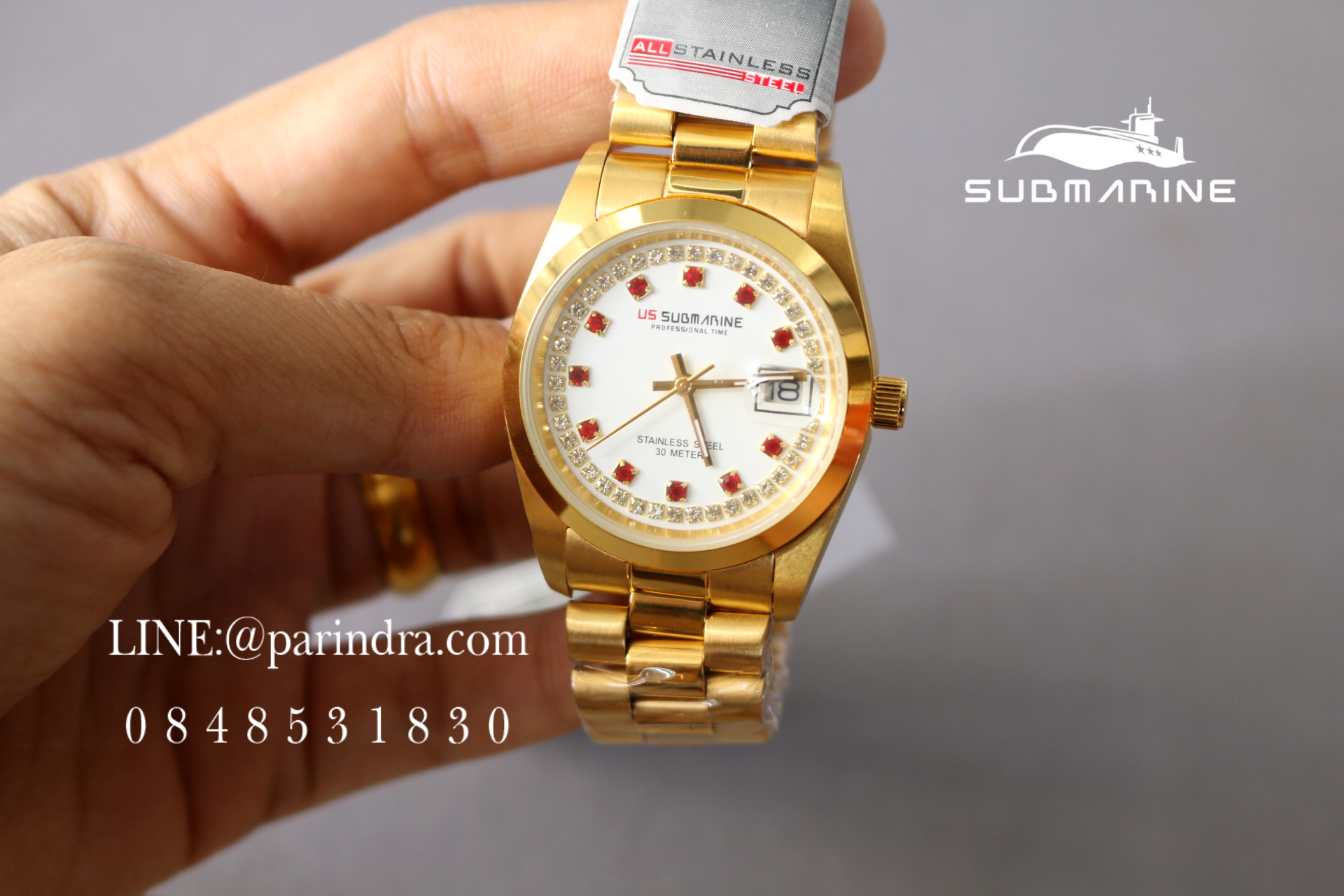 นาฬิกา US submarine รุ่น SUB101M D สีทองล้วนหน้าปัดสีขาวเพชรแดง