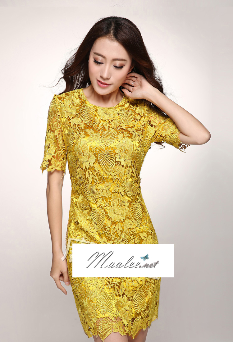 พร้อมส่ง ชุดราตรีสั้น ลูกไม้ สี เหลืองทอง แขน 3 ส่วน (เหลือเฉพาะไซส์ L)