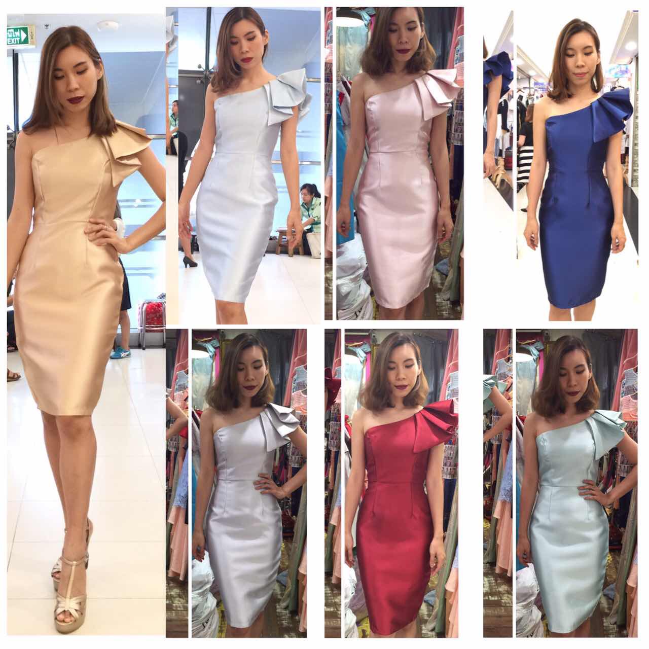 พร้อมเช่า ราตรีสั้น ไหล่เดียว ชุดเดรสเดรสเนื้อไหม ทรงเข้ารูป แต่งระบาย สีเขียวมิ้นต์