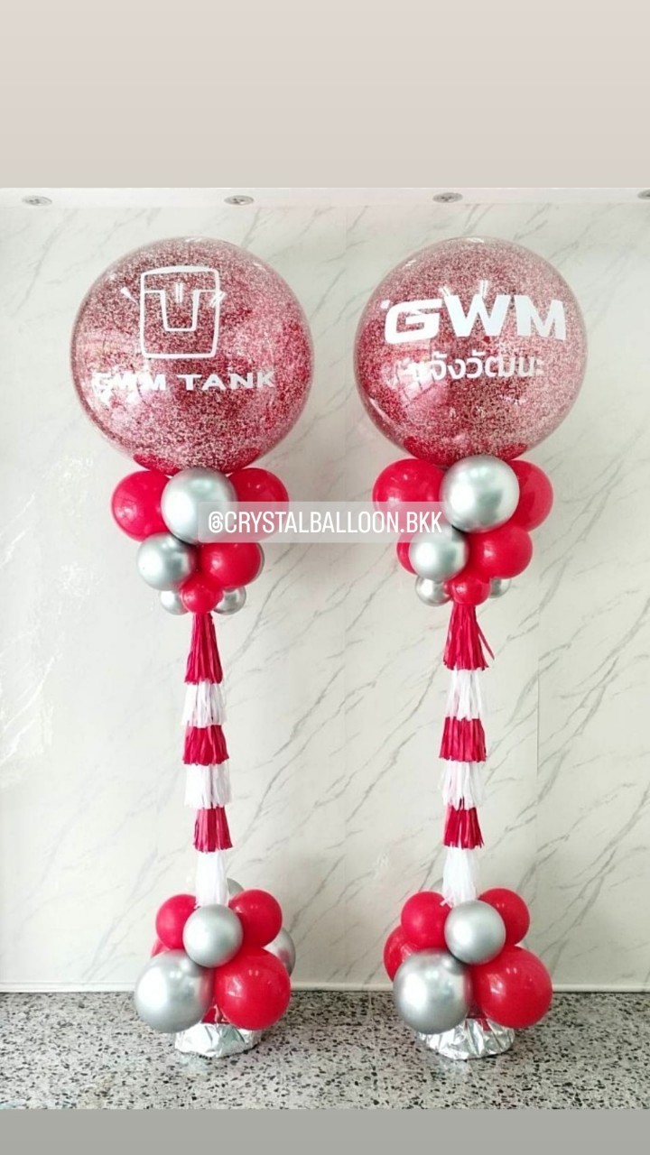 เสาลูกโป่ง Grand Opening Bubble ขนาด 36" กลิตเตอร์สีเเดง 2 เสา พร้อมตกเเต่ง สามารถเปลี่ยนสีลูกโป่ง/เปลี่ยนข้อความได้