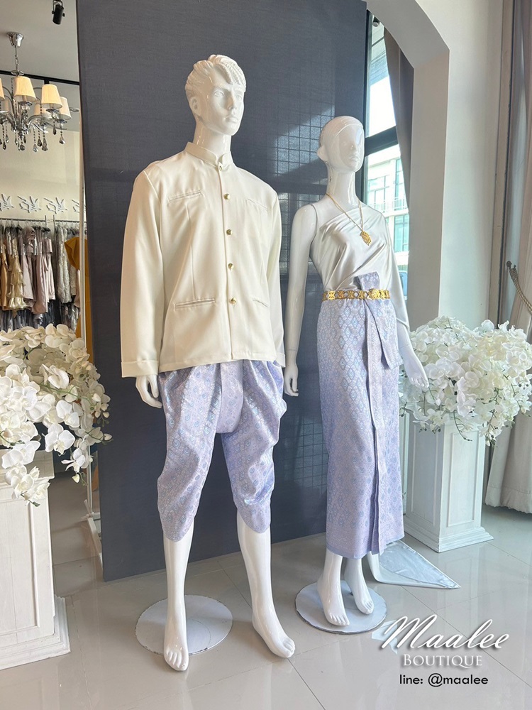 เช่า ชุดไทย ชุดเพื่อนเจ้าสาว ชุดไทยผ้าถุงสีชมพูฟ้าเงิน สไบเรียบสีเทาเงิน