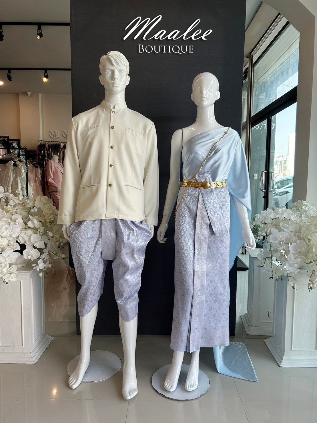 เช่า ชุดไทย ชุดเพื่อนเจ้าสาว ชุดไทยผ้าถุงสีชมพูฟ้าเงิน สไบเรียบสีฟ้า