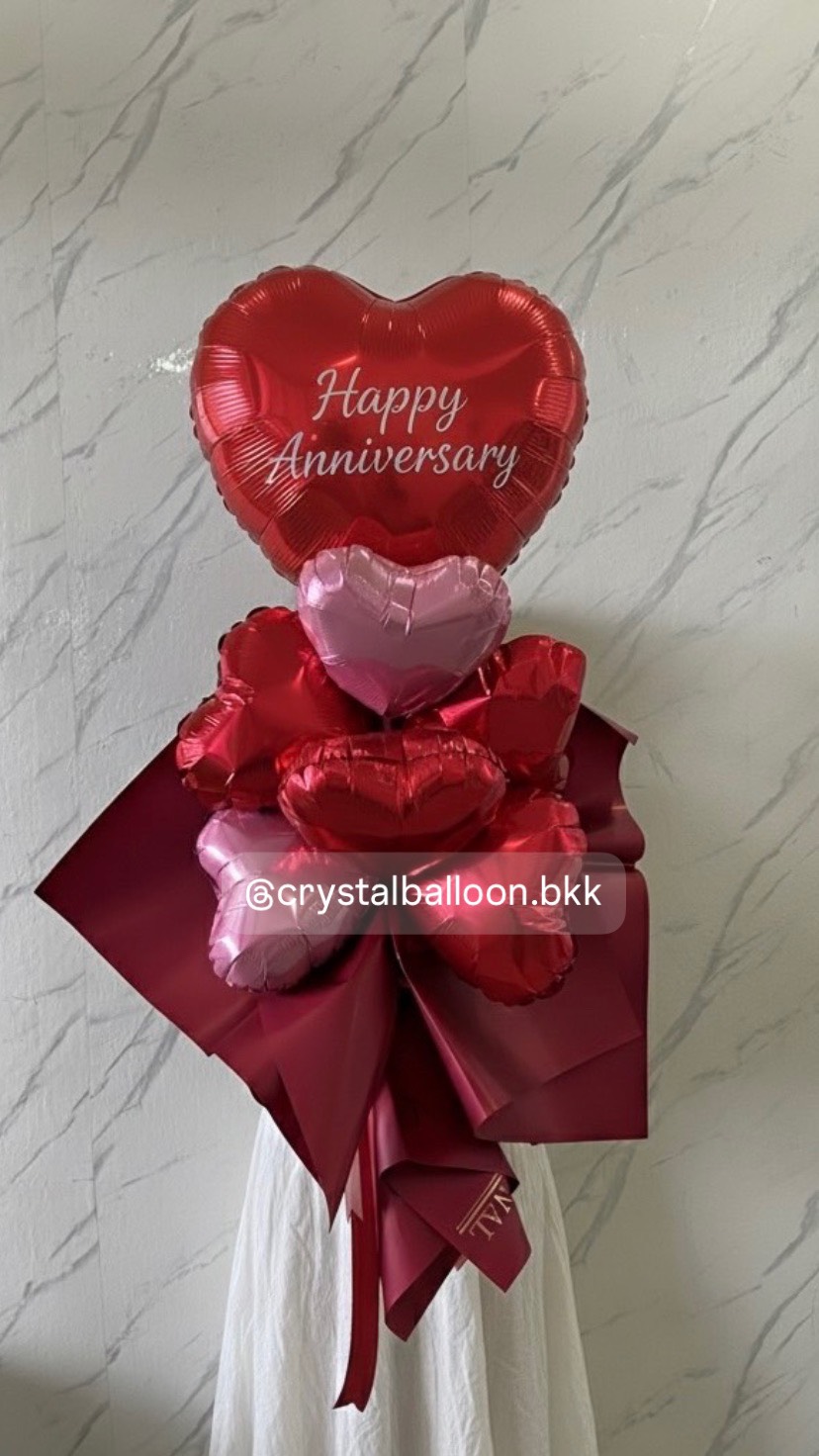 Flower Balloon ช่อลูกโป่งฟอยล์หัวใจ 10" 6ชิ้น , ฟอยล์หัวใจ 18" 1 ชิ้น ,พร้อมตกแต่ง สามารถเปลี่ยนข้อความ/เปลี่ยนสีฟอยล์หัวใจได้ / เปลี่ยนสีกระดาษห่อได้