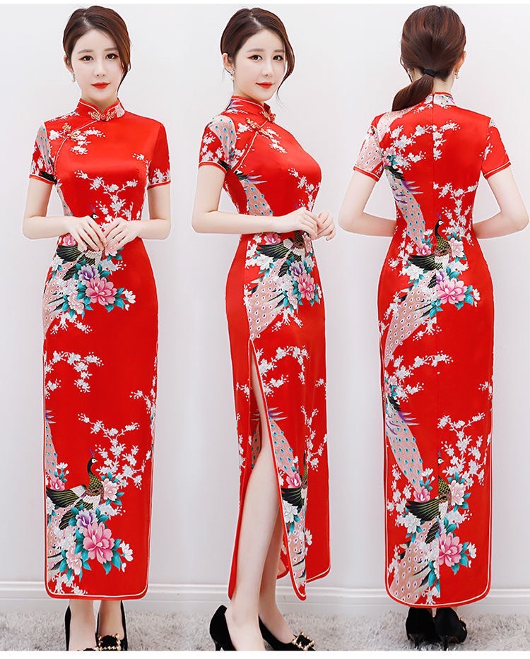 Pre-order กี่เพ้า สีชมพูเข้ม แขนสั้น ลายนกยูง ตัดเย็บอย่างดี