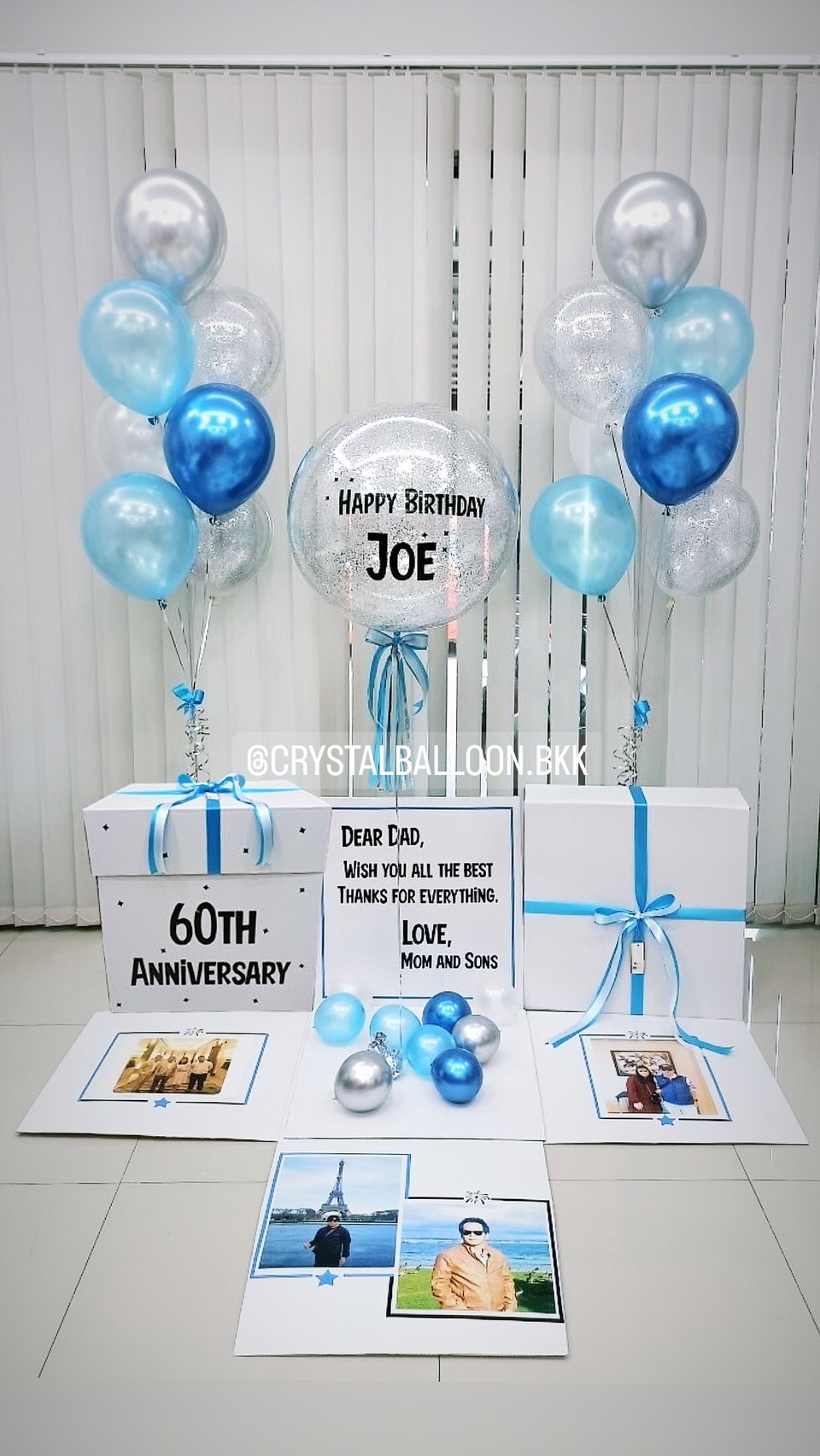 ลูกโป่ง Anniversary Surprise Box กล่องเซอร์ไพรส์วันครบรอบ Bubble ขนาด 24" Theme สีฟ้า พร้อมตกแต่ง ช่อลูกโป่ง 7 ลูก 2 ช่อ,ลูกโป่งใส ใส่กลิตเตอร์,สามารถใส่รูปได้ 4 ใบ สามารถเปลี่ยนสีลูกโป่ง/เปลี่ยนข้อความได้