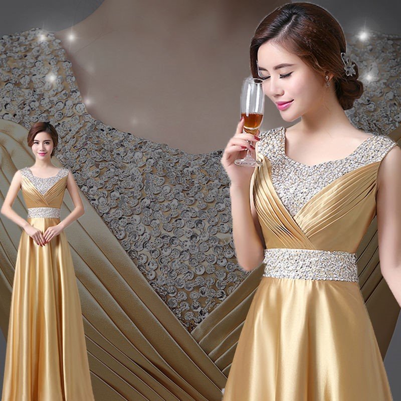 พร้อมเช่า ชุดราตรียาว สีทอง คอวี จับเดรปหน้าอก ปักเลือมช่วงอกและเอว
