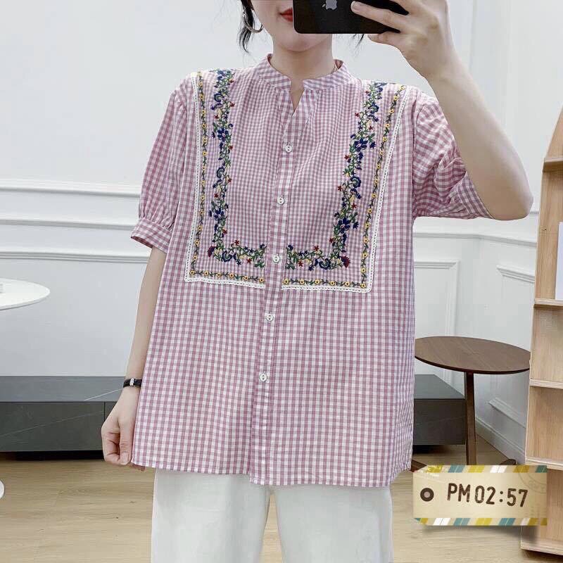เสื้อผ้าฝ้ายลายสก็อตลายปัก