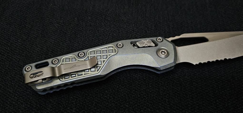 Microtech Marfione Select MSI RAM LOK Ice Blue Titanium Frag Handles w/ Double Vapor Blast & Blue Accents & Part Serrated Stonewash M390MK