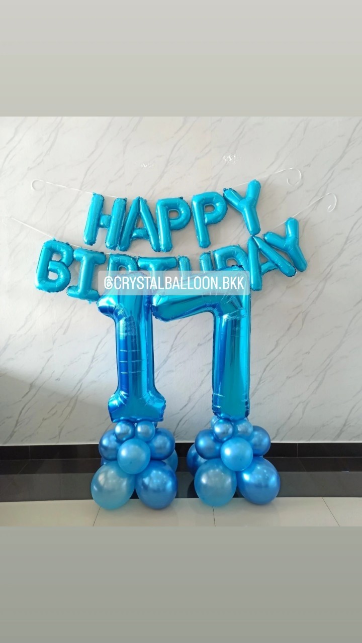 ลูกโป่ง วันเกิดเด็ก ฟอยล์ตัวอักษร Happy Birthday ขนาด 16" สีฟ้าพาสเทล พร้อม ฟอยล์ตัวเลข ขนาด 40" ตั้งฐาน 2 ชิ้น พร้อมตกแต่ง สามารถเปลี่ยนสีลูกโป่ง/เปลี่ยนสี-ฟอยล์ตัวเลขได้