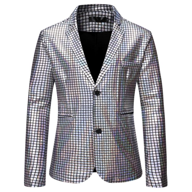 Pre-order เสื้อสูทชาย สีเงิน ลายแฟชั่น กระดุม2เม็ด