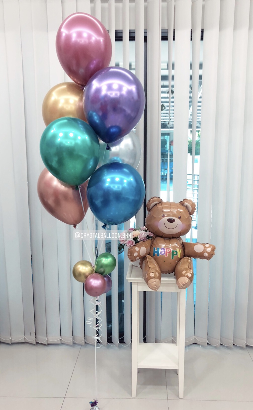ลูกโป่ง วันเกิดเด็ก ช่อลูกโป่งสีโครเมี่ยม ช่อ 7 ลูก 1 ช่อ พร้อม ฟอยล์หมี นั่ง 1 ชิ้น พร้อมตกเเต่ง สามารถเปลี่ยนสีลูกโป่ง/เปลี่ยนฟอยล์ตกแต่งได้