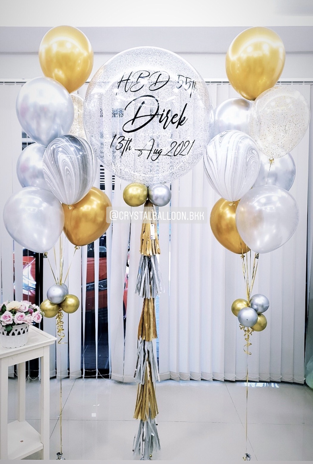 ลูกโป่ง วันเกิด Bubble ขนาด 36" สีเงิน พร้อม ช่อลูกโป่ง 2 ช่อ,ลูกโป่งลายหิน USA 2 ลูก,ลูกโป่งใส ใส่กลิตเตอร์ พร้อมตกเเต่ง สามารถเปลี่ยนสีลูกโป่ง/เปลี่ยนข้อความ/เปลี่ยนขนาดได้
