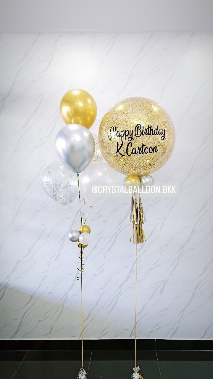 ลูกโป่ง วันเกิด Bubble ขนาด 24" สีทอง พร้อมตกแต่ง ช่อลูกโป่ง 5 ลูก 1 ช่อ,ลูกโป่งใส ใส่กลิตเตอร์ สามารถเปลี่ยนสีลูกโป่ง/เปลี่ยนข้อความ/เปลี่ยนขนาดได้