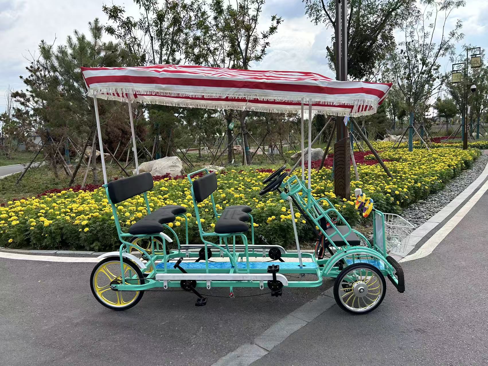 จักรยานหรรษา SURREY BIKE แบบ 4 คนปั่น+ 2 เก้าอี้เด็ก+ร่มกันแดด ปั่นพร้อมกัน หรรษาทั้งครอบครัว พร้อมได้ออกกำลังกาย