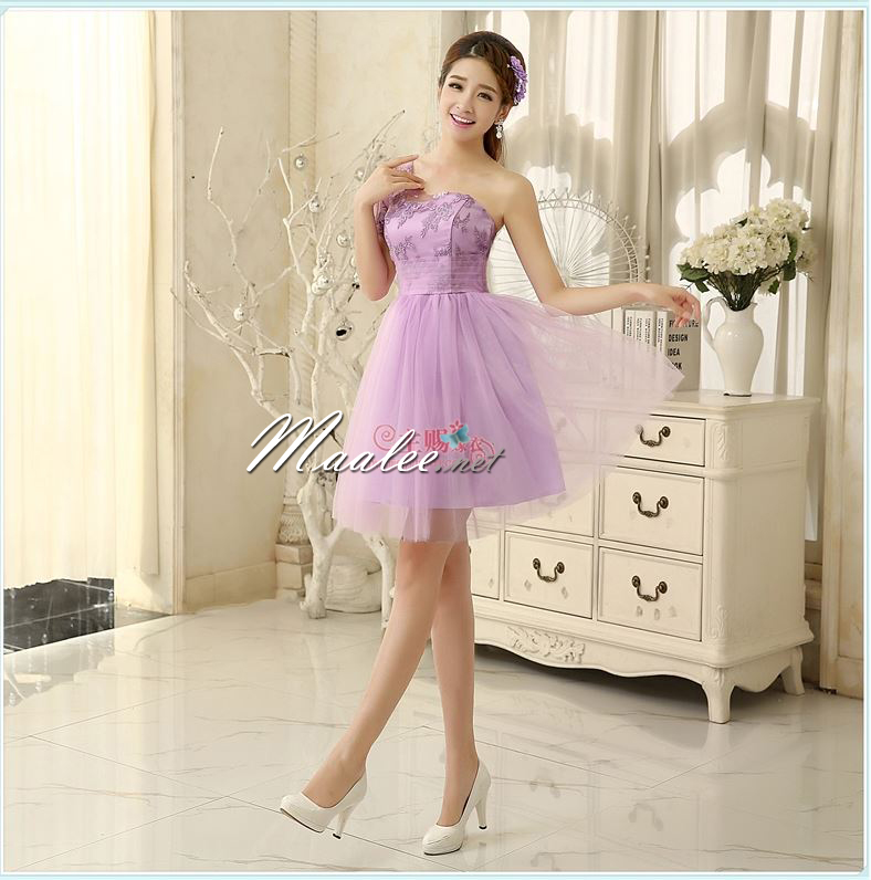 พร้อมส่ง ชุดราตรีสั้น ชุดเพื่อนเจ้าสาว ไหล่เดียว สีม่วง Purple Pp-001B