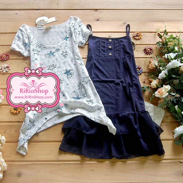 ชุดเดรส Set 2 ชิ้น ลายดาวสีน้ำเงินแขนสั้นชายเสื้อเว้า (พร้อมสร้อยคอ) Size : M