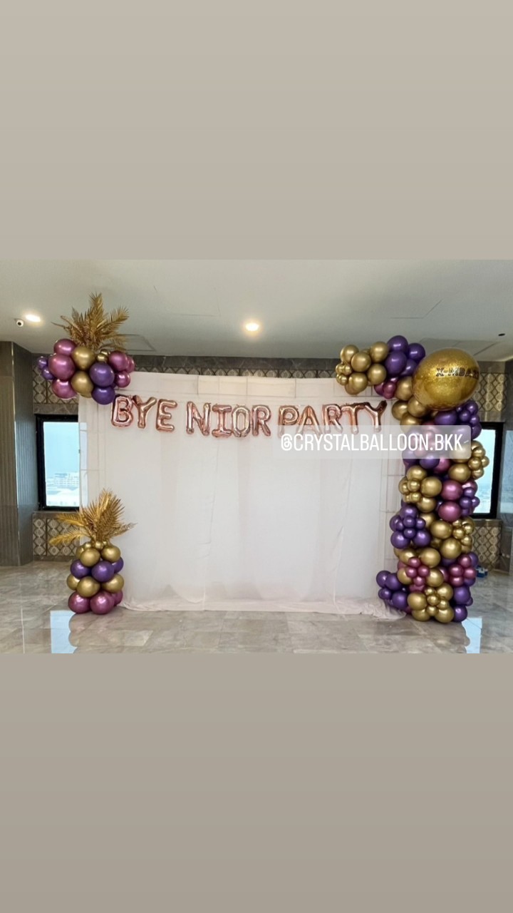 Organic Backdrop เปิดงาน ขนาด 3 เมตร พร้อม ฟอยล์ตัวอักษร ขนาด 16" 12 ตัวอักษร,ประดับใบไม้ทอง (ราคาไม่รวมฉาก) พร้อมตกแต่ง สามารถเปลี่ยนสีลูกโป่ง/เปลี่ยนข้อความได้