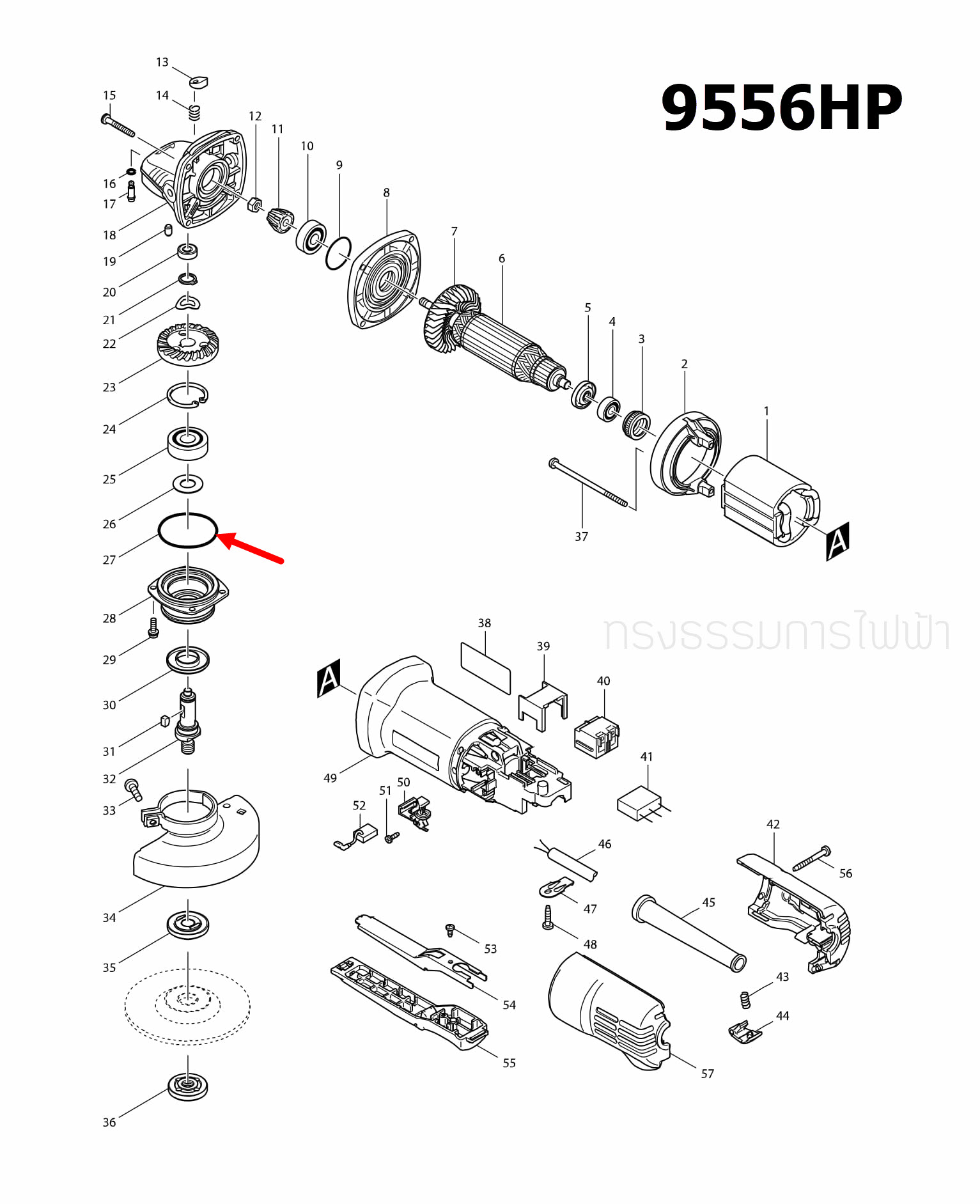 O-RING 45 หินเจียรไฟฟ้า Makita-มากีต้า M9513B, 9556, NB, HN, HP, 9553NB [#27] Pn.213622-9 (แท้)(*)