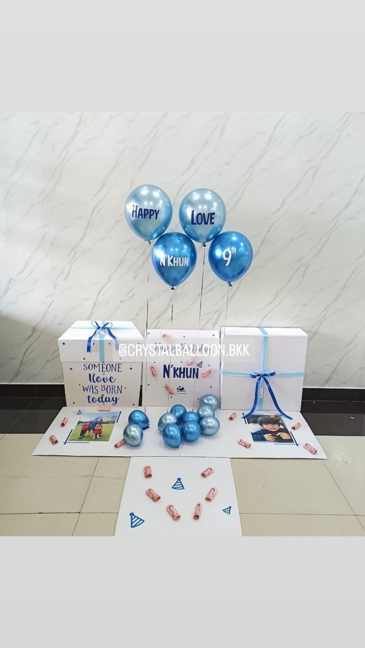 Happy Birthday Surprised Box กล่องเซอร์ไพรส์วันเกิด ลูกโป่ง 4 ลูก พร้อมตกแต่ง สามารถใส่เงินได้,สามารถใส่รูปได้ 2 รูป สามารถเปลี่ยนสีลูกโป่ง/เปลี่ยนข้อความได้