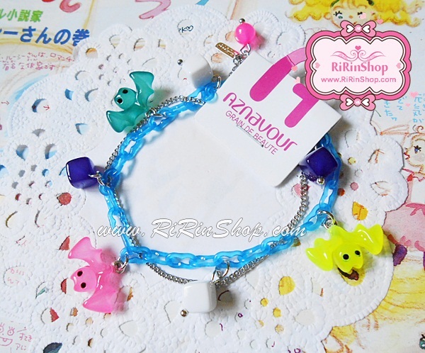Aznavour สร้อยข้อมือเซลลูโลสเส้นคู่ จี้ค้างคาว ( Blue )