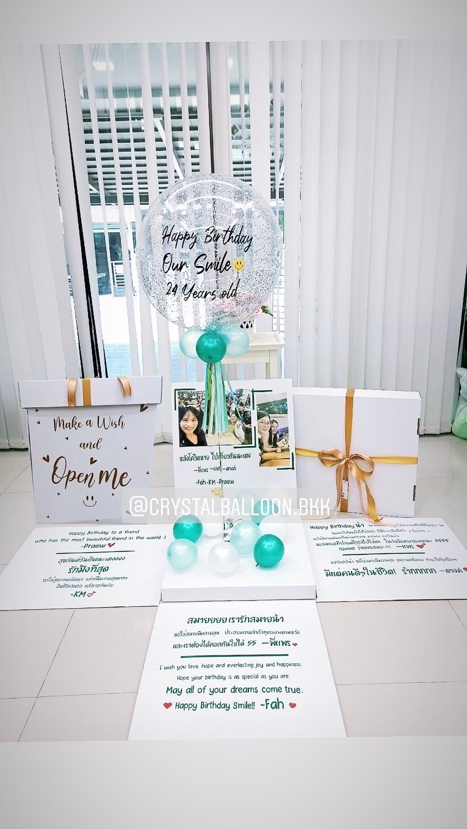 Happy Birthday Surprise Box กล่องเซอร์ไพรส์วันเกิด Bubble ขนาด 24" Theme สีเขียว พร้อมตกแต่ง สามารถใส่รูปได้ 2 ใบ สามารถเปลี่ยนสีลูกโป่ง/เปลี่ยนข้อความได้
