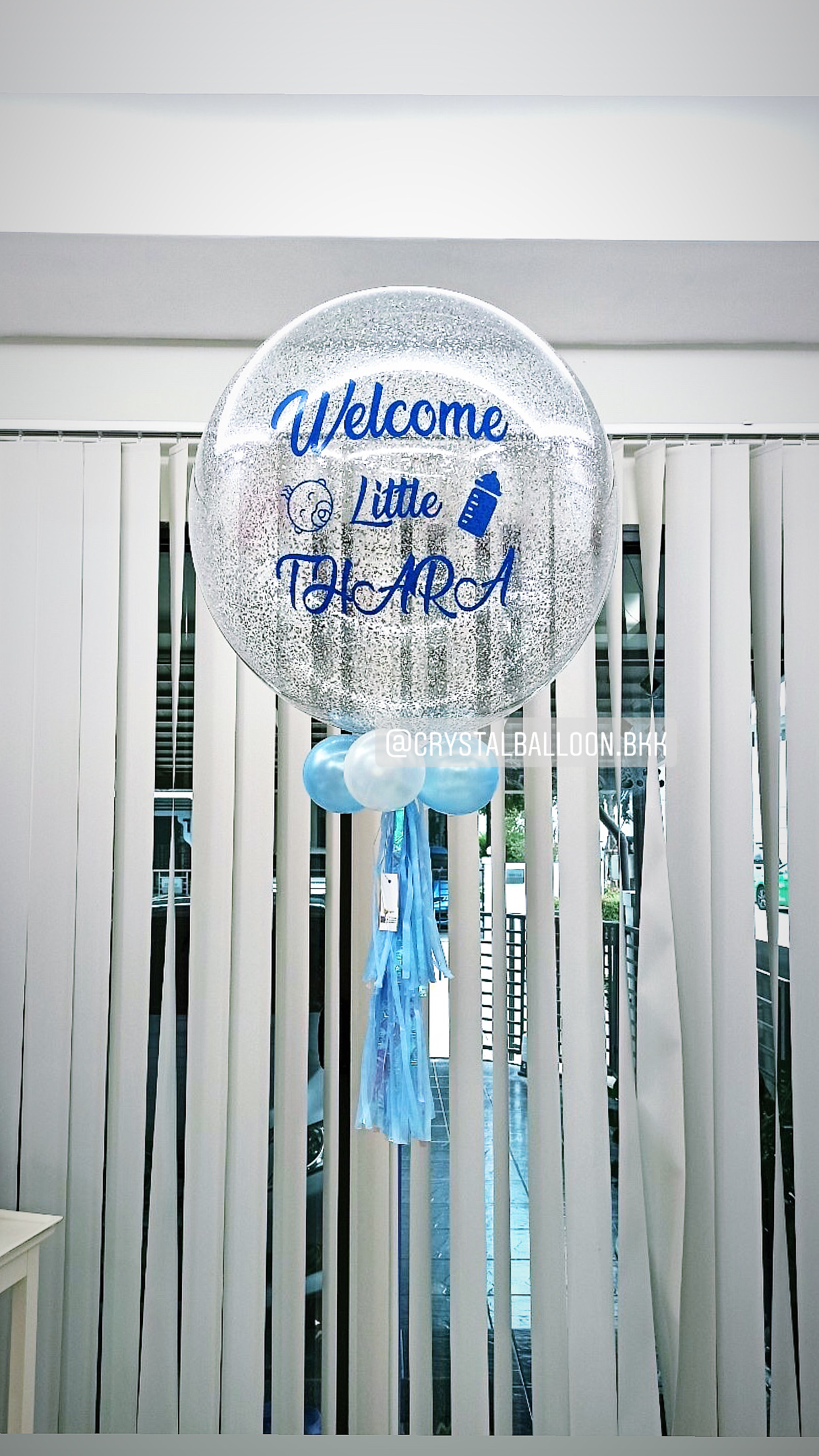 ลูกโป่ง Welcome Baby Bubble ขนาด 24" กลิตเตอร์สีเงิน พร้อมตกแต่ง สามารถเปลี่ยนสีลูกโป่ง/เปลี่ยนข้อความ/เปลี่ยนขนาดได้