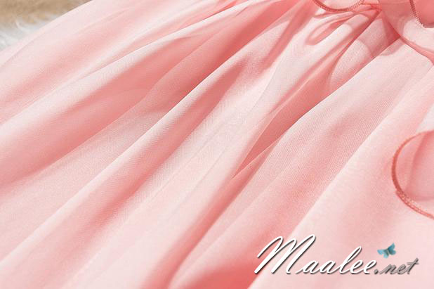 พร้อมส่ง ชุดออกงาน ชุดเดรสสั้น สีชมพู แต่งระบายผ้าไหมชีฟอง ปักเลื่อมช่วงคอ