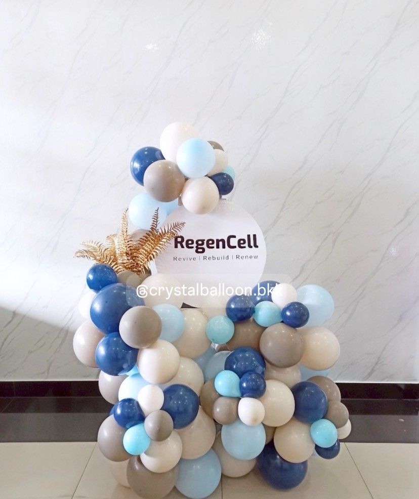 Organic Mini เปิดงาน รูปแบบ ไม่ซ้ำใคร พร้อม ป้ายวงกลม ขนาด 20" 1 ชิ้น ประดับ ใบไม้ทอง,ฟอยล์ตกแต่ง Theme ฟ้า - เทา พร้อมตกแต่ง สามารถเปลี่ยนสีลูกโป่ง/เปลี่ยนข้อความได้