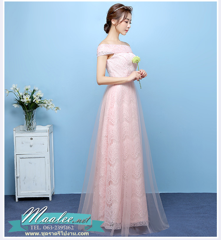 พร้อมเช่า ชุดราตรียาว สำหรับสาวไซส์ใหญ่ แบบปาดไหล่ สีเทา ลูกไม้หรูใส่ออกงานกลางคืน งานพรอม กระโปรงตาข่าย 2XL- 6XL (เชือกผูกหลัง)