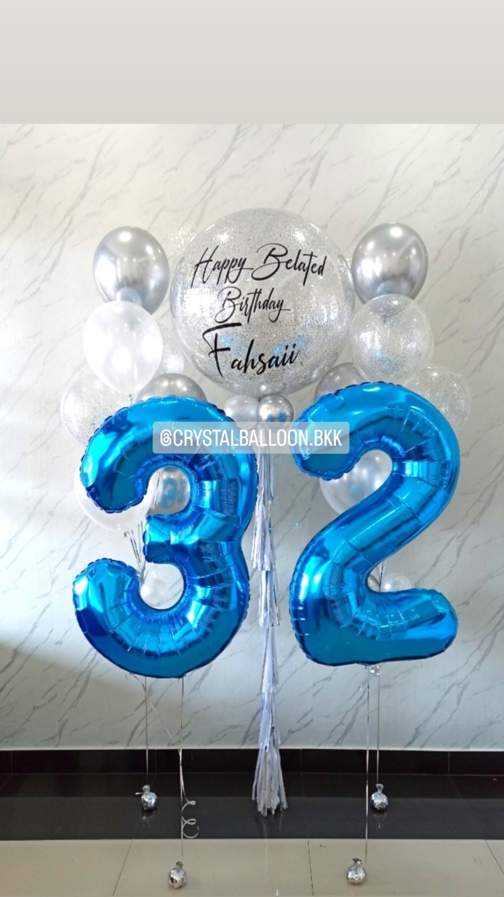 ลูกโป่ง วันเกิด Bubble ขนาด 36" กลิตเตอร์ 1 ลูก พร้อม ช่อลูกโป่ง ช่อ 7 ลูก 2 ช่อ,ฟอยล์ตัวเลข ขนาด 40" 2 ชิ้น พร้อมตกแต่ง สามารถเปลี่ยนสีลูกโป่ง/เปลี่ยนข้อความ/เปลี่ยนขนาด/เปลี่ยนสี-ฟอยล์ตัวเลขได้