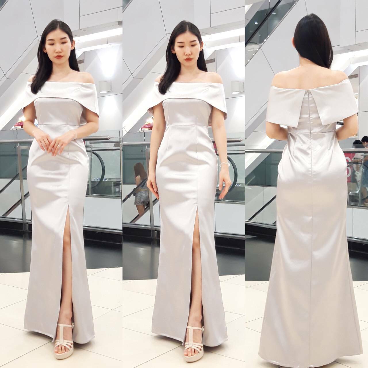 พร้อมเช่า ชุดเดรสยาว ราตรียาว ไปล่ปาด ผ้าดัชเชส แพทเทินเก๋ กระโปรงผ่าหน้า สีกรมท่า (สีอื่นตามรูป)