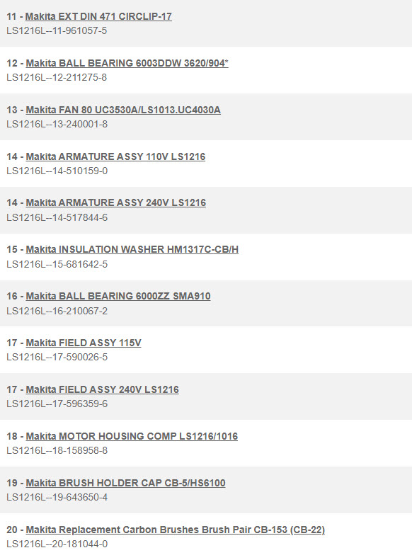 LS1216L, LS1016L แท่นตัดองศา Makita Spare Parts