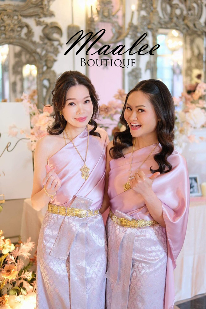 เช่า ชุดไทย ชุดเพื่อนเจ้าสาว ชุดไทยผ้าถุงสีเทาชมพูเงิน สไบเรียบสีกลีบบัว