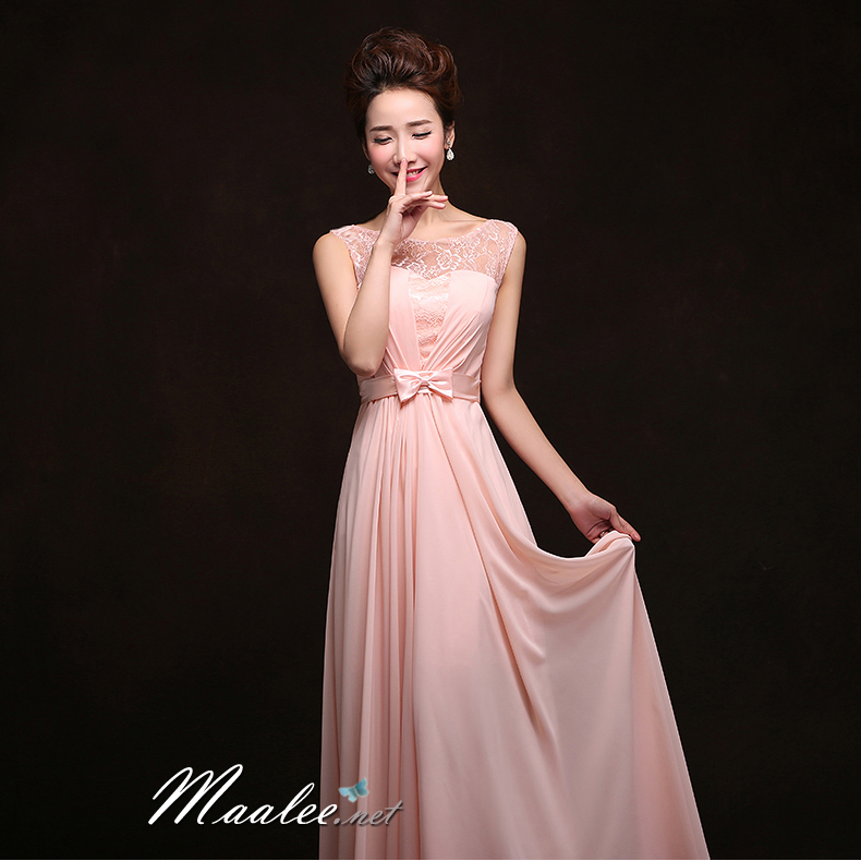 พร้อมส่ง ชุดราตรียาว แบบแขนกุด ผ้าชีฟอง แต่งผ้าลูกไม้ & โบว์ช่วงเอว สวยหวาน สีชมพู (เชือกผูกหลัง)