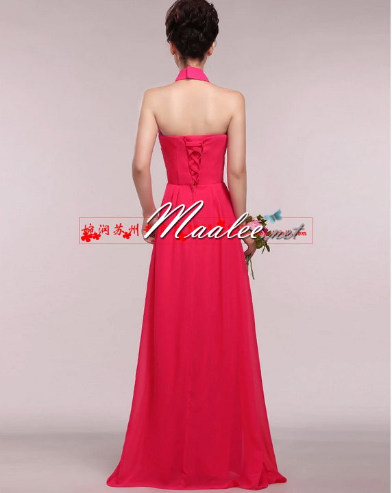 พร้อมส่ง ชุดราตรียาว สีแดง คล้องคอ อกอัดพลีทตลอดจนถึงช่วงเอว เพิ่มดอกใต้คอ