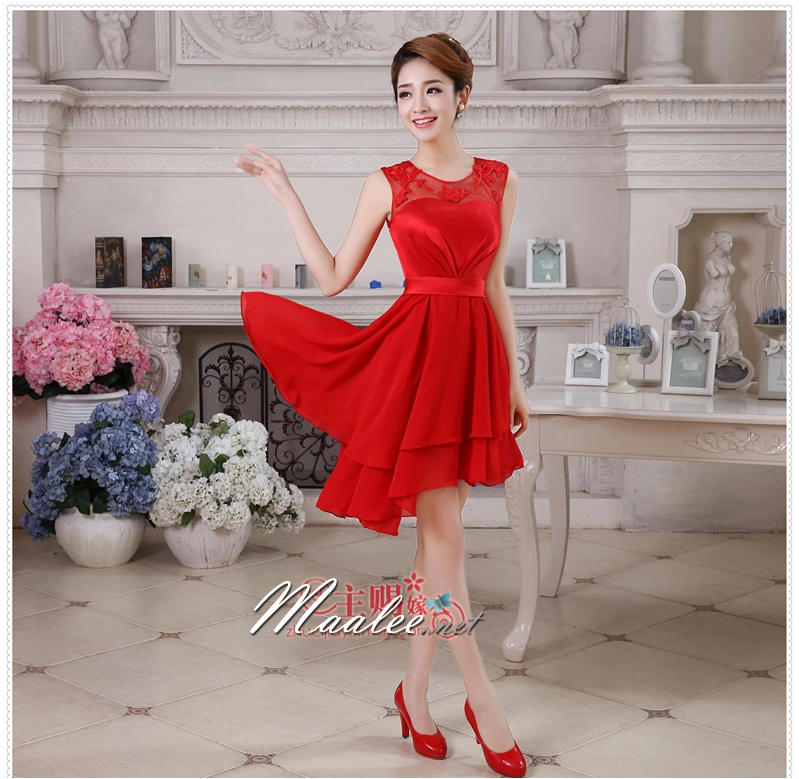 พร้อมส่ง ชุดราตรีสั้น ลูกไม้ สีแดง กระโปรงระบาย