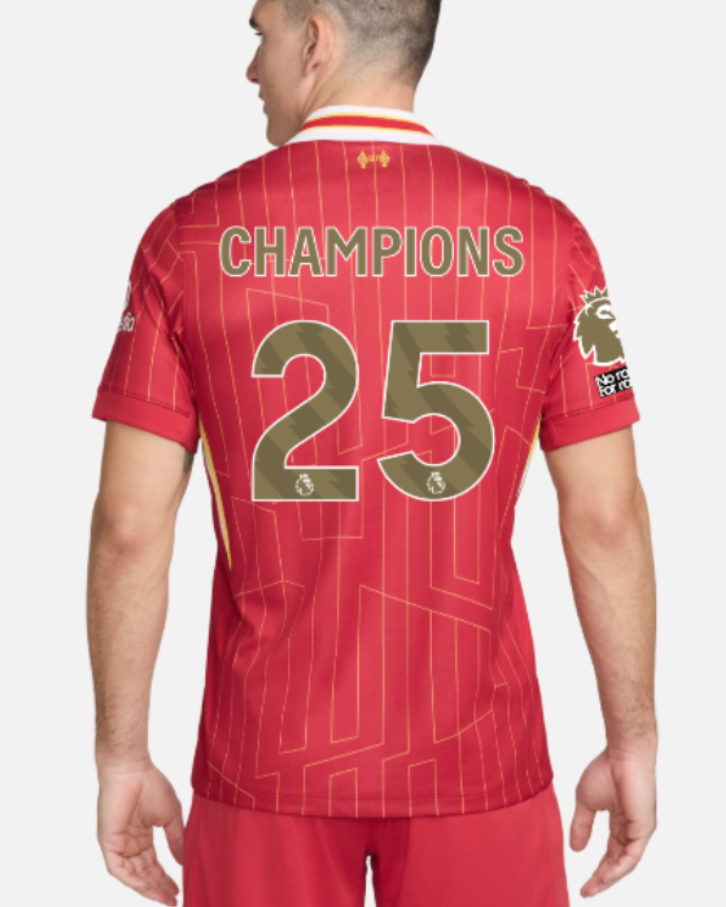 เสื้อลิเวอร์พูลแชมป์พรีเมียร์ลีก 2024/25 รุ่นแฟนบอล อาร์มทองพรีเมียร์ลีก no room for racism ด้านหลัง CHAMPIONS 25 ของแท้