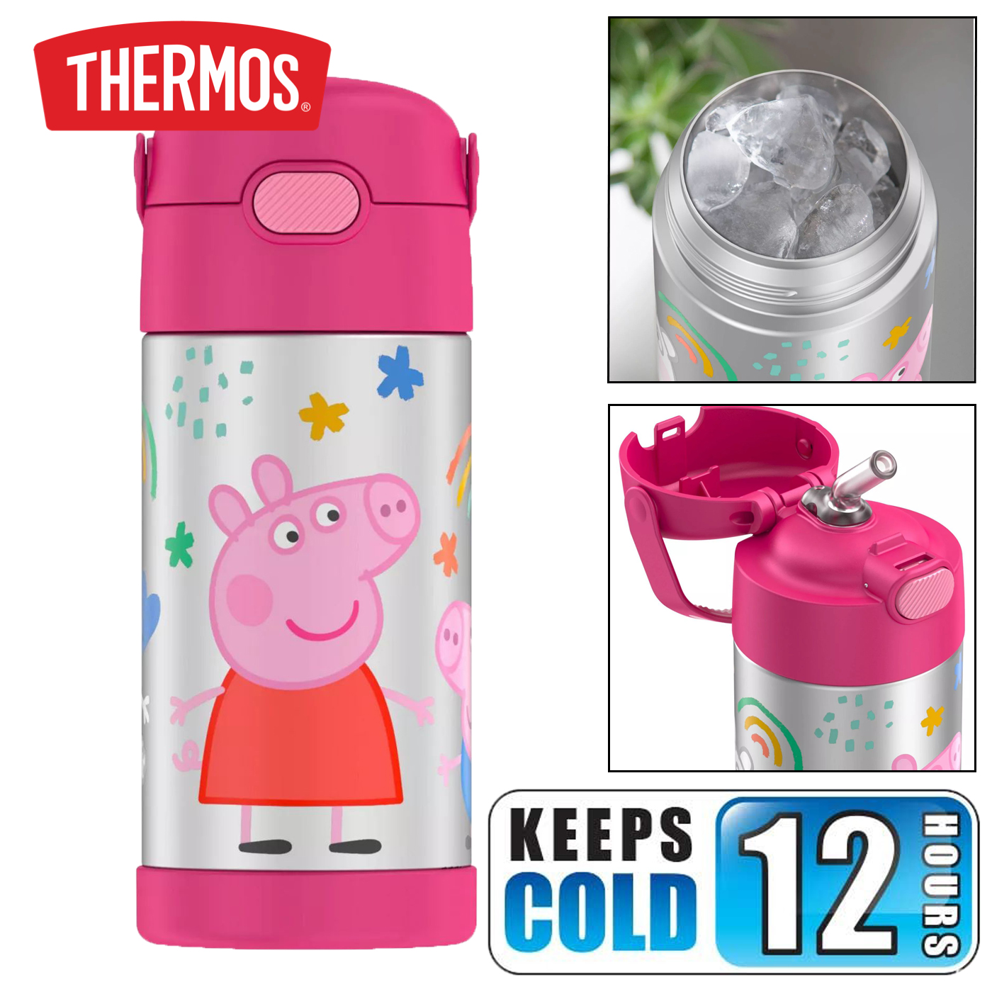 กระติกน้ำเก็บความเย็น มีหูหิ้ว Peppa Pig Pink Thermos Vacuum Insulated Stainless Steel 12 Ounce Funtainer with Straw