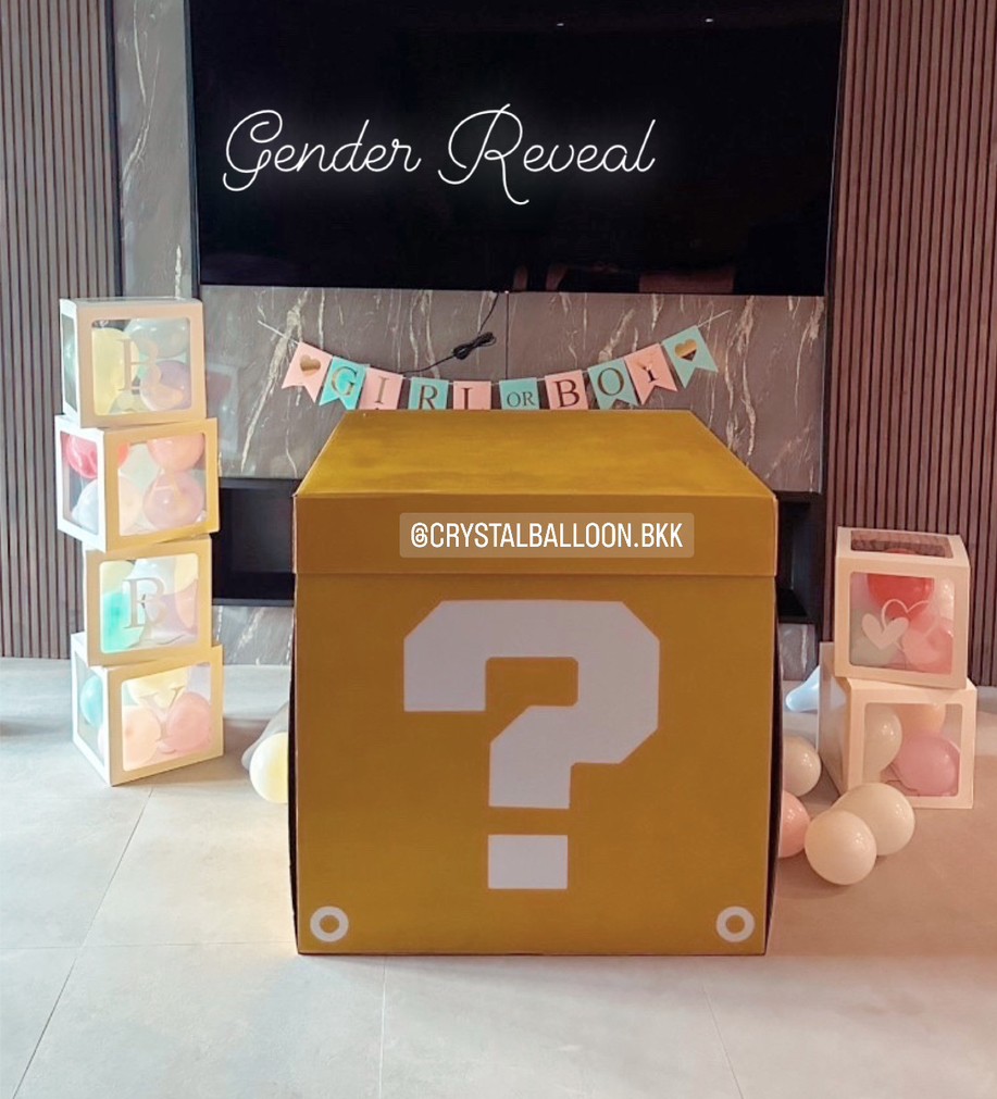 Gender Reveal Surprised Jumbo Box ทำสี ลูกโป่งยาง ขนาด 36" 1 ลูก พร้อม กล่องใส ติดตัวอักษร 6 ตัวอักษร,ป้ายธง 10 ตัวอักษร,ลูกโป่งโปรยพื้น 10 ลูก,สามารถใส่รูป 4 รูป พร้อมตกแต่ง สามารถเปลี่ยนสีลูกโป่ง/เปลี่ยนข้อความ/เปลี่ยนสี-ป้ายธงได้