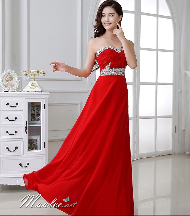 พร้อมส่ง ชุดราตรียาว เกาะอก แต่งเพชรหรู สีเทา