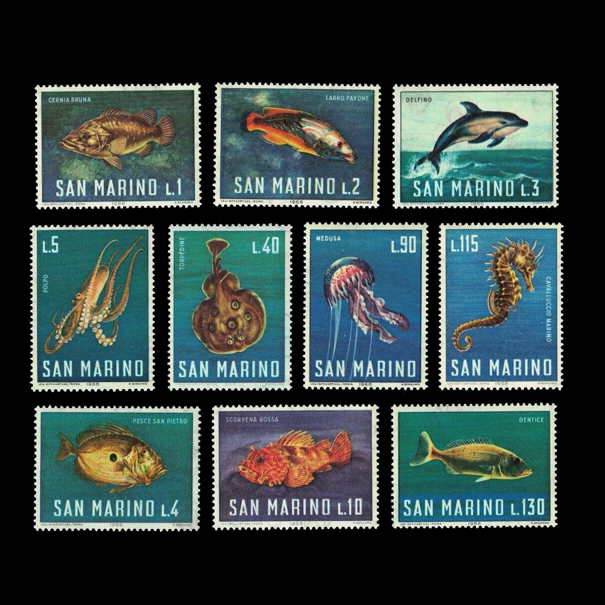 แสตมป์ซานมาริโน ชุด MARINE LIFE สัตว์ทะเลสวยงาม ปี 1966 - SAN MARINO